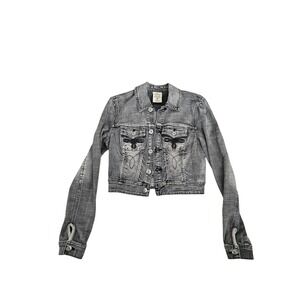 Jordache Legacy Womens Y2K black stonewashed jean Jacket Embroidered Cropped
